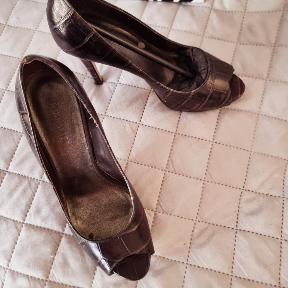 Nine West NW Liatris Dark Brown Croco Peep Toe Heels